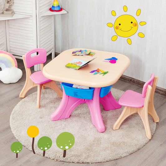 In/Outdoor 3-Piece Plastic Children Play Table & Chair Set-Pink