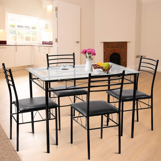 5 Pieces Dining Set with Tempered Glass Top Table and 4 Upholstered Chairs