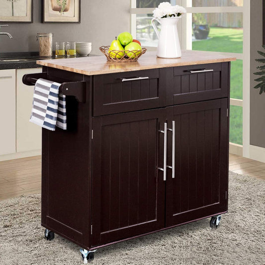 Heavy Duty Rolling Kitchen Cart with Tower Holder and Drawer-Brown