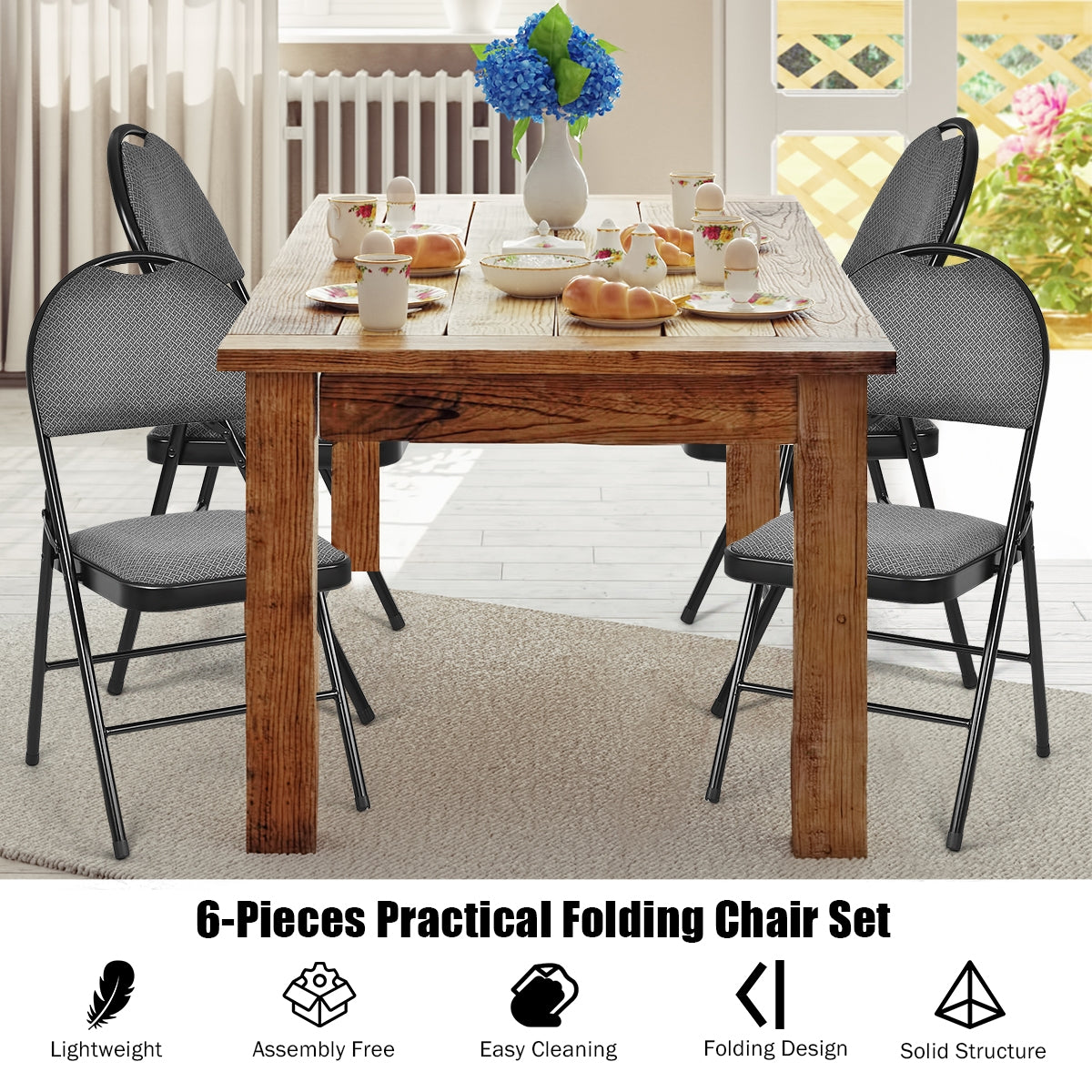 6 Pack Folding Chairs Portable Padded Office Kitchen Dining Chairs-Black