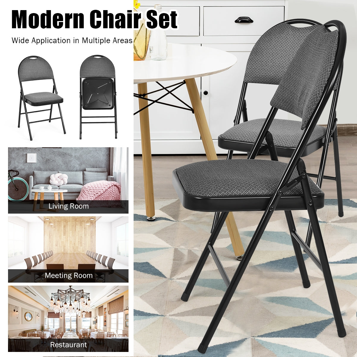 6 Pack Folding Chairs Portable Padded Office Kitchen Dining Chairs-Black