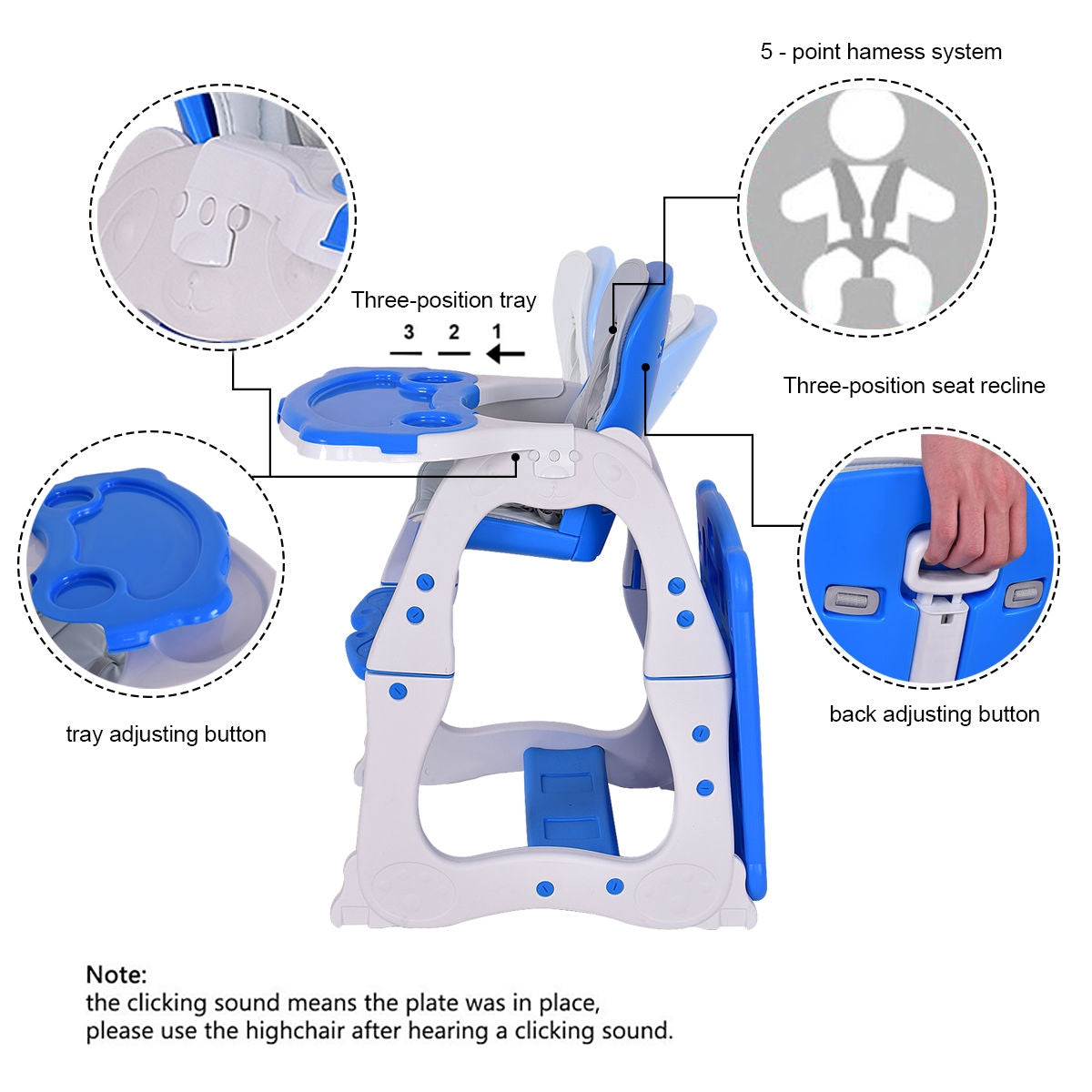 3 in 1 Convertible Play Table Seat Baby High Chair-Blue