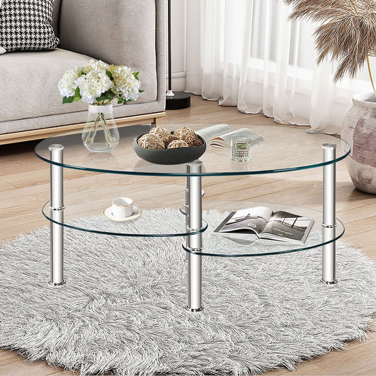 Tempered Glass Oval Side Coffee Table-Transparent - Direct by Wilsons Home Store