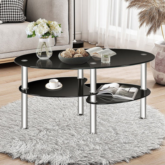 Tempered Glass Oval Side Coffee Table-Black - Direct by Wilsons Home Store