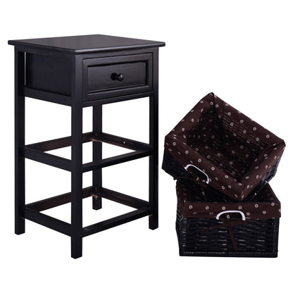 3 Tiers Wooden Storage Nightstand with 2 Baskets and 1 Drawer-black - Direct by Wilsons Home Store