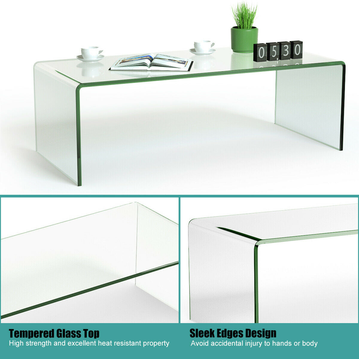 42 x 19.7 Inch Clear Tempered Glass Coffee Table with Rounded Edges - Direct by Wilsons Home Store