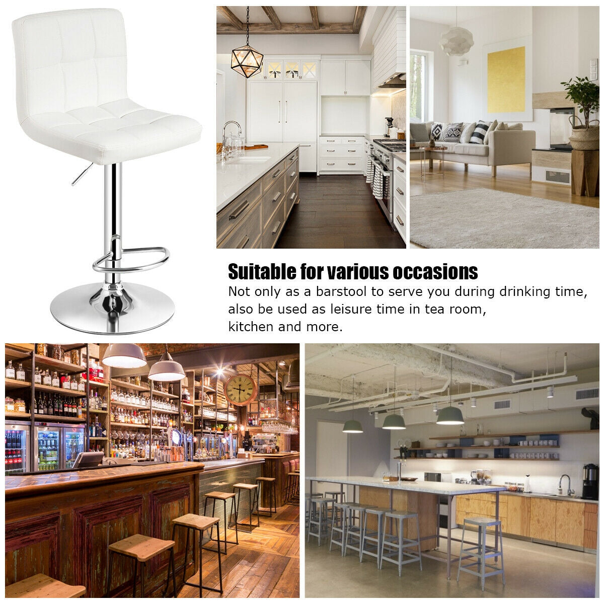 Adjustable Swivel Bar Stool with PU Leather-White - Direct by Wilsons Home Store