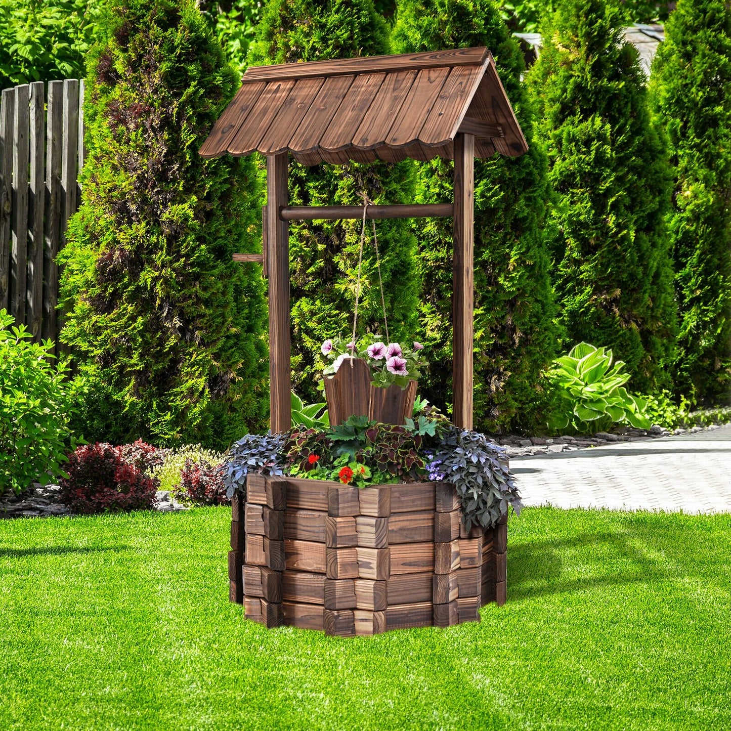 Outdoor Wooden Wishing Well Planter Bucket