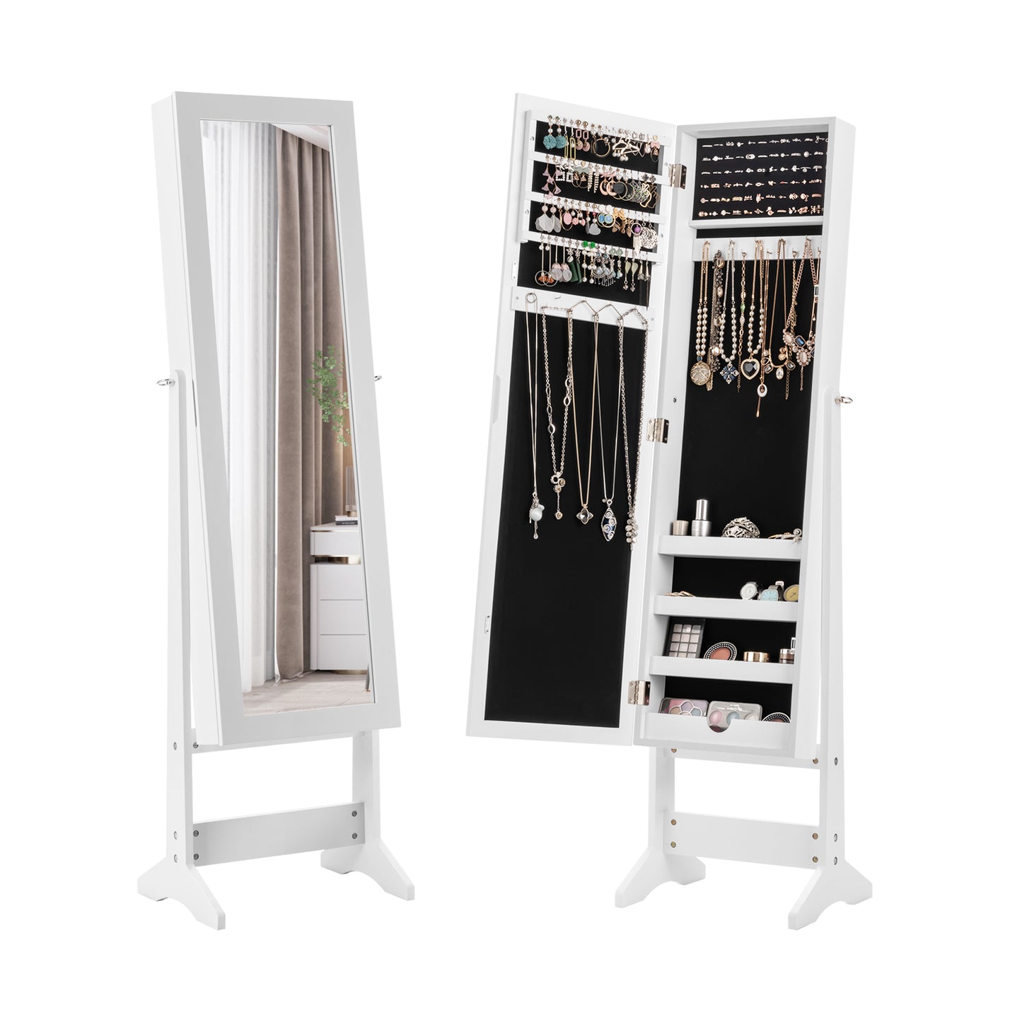 New Mirrored Jewelry Cabinet Armoire Mirror Organizer Storage Box Ring w/ Stand-Black