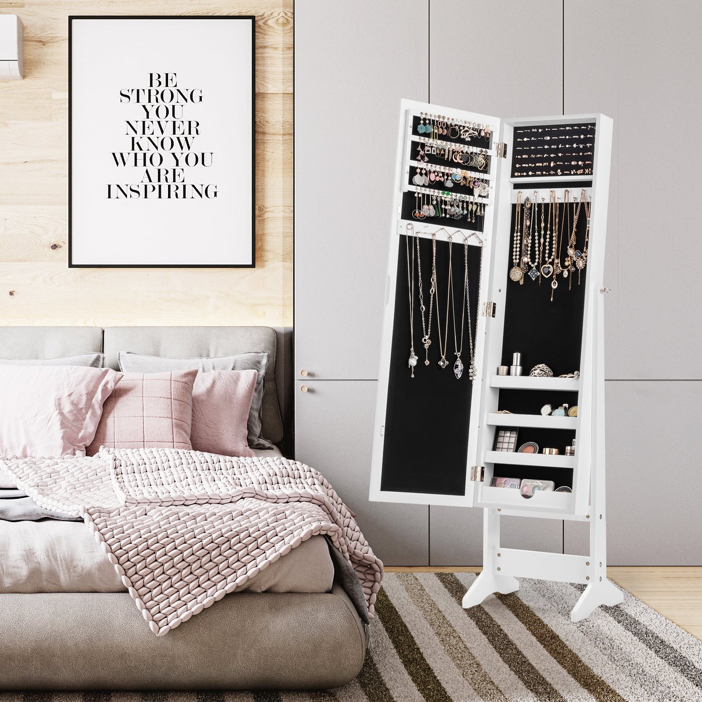 New Mirrored Jewelry Cabinet Armoire Mirror Organizer Storage Box Ring w/ Stand-Black