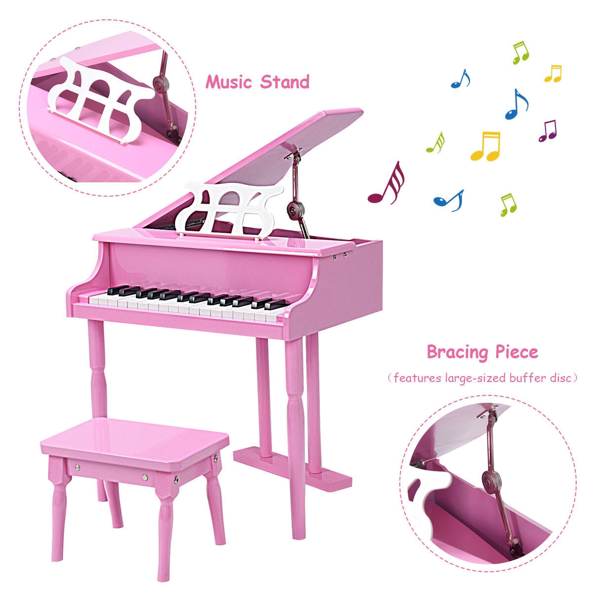Musical Instrument Toy 30-Key Children Mini Grand Piano with Bench-Pink - Direct by Wilsons Home Store