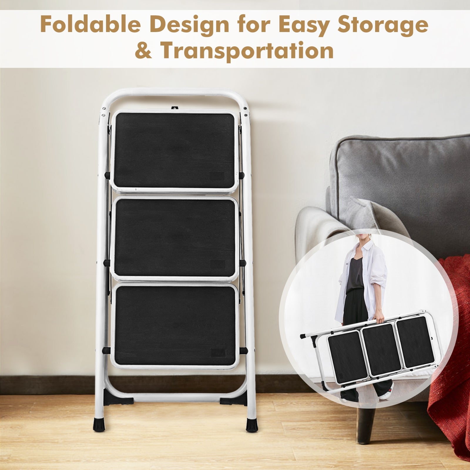 Folding 3-Step Ladder with Handgrip and Anti-Slip Platform - Direct by Wilsons Home Store