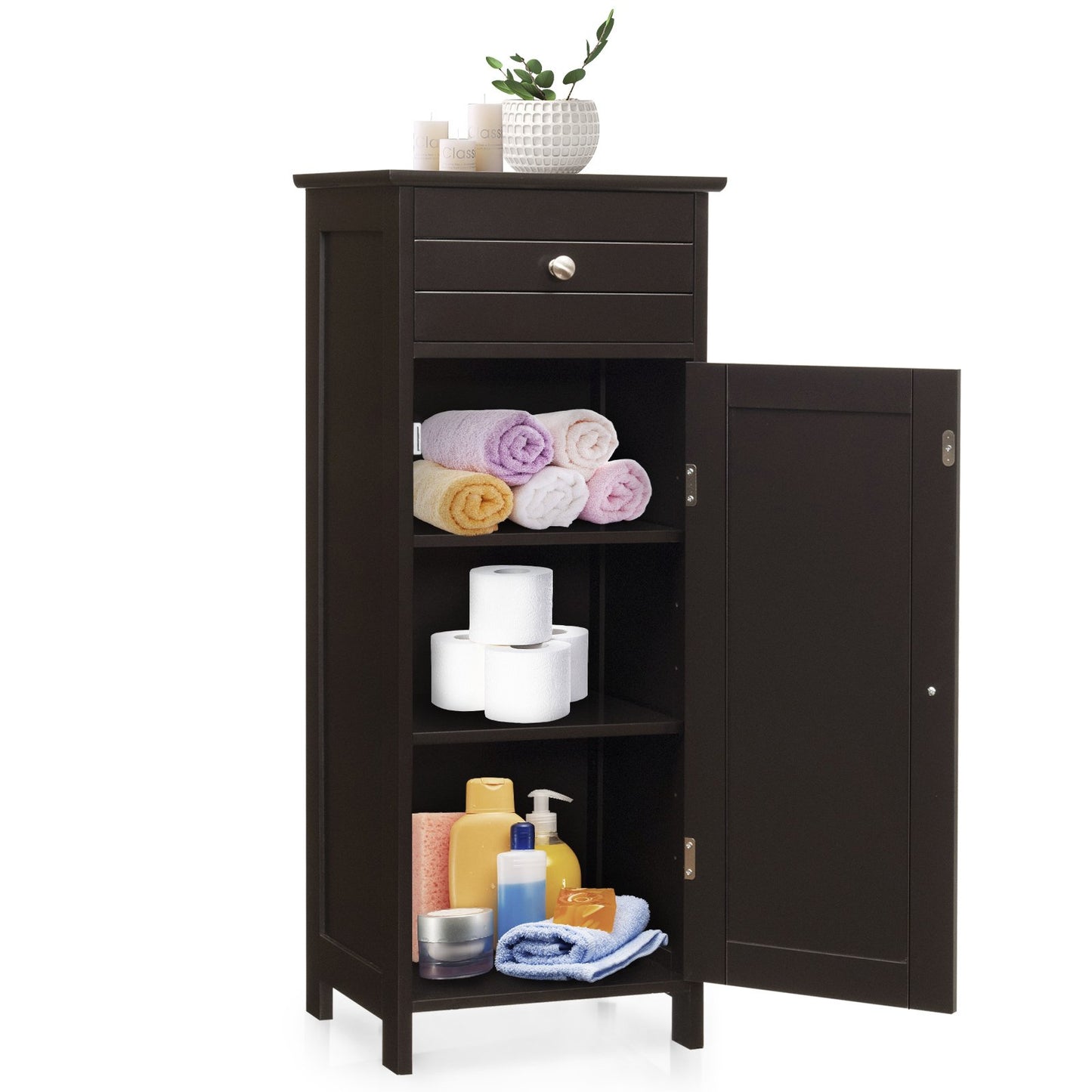Wooden Storage Free-Standing Floor Cabinet with Drawer and Shelf-Black