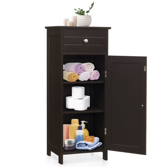 Wooden Storage Free-Standing Floor Cabinet with Drawer and Shelf-Brown