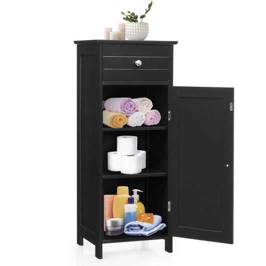 Wooden Storage Free-Standing Floor Cabinet with Drawer and Shelf-Black