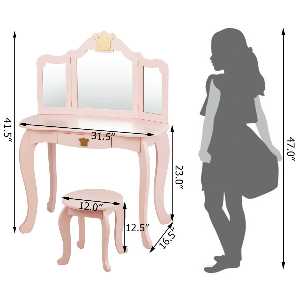 Kids Makeup Dressing Table with Tri-folding Mirror and Stool-Pink