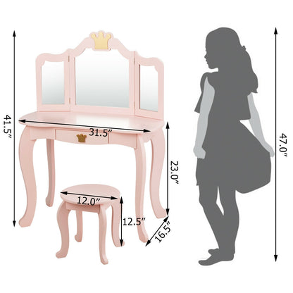 Kids Makeup Dressing Table with Tri-folding Mirror and Stool-Pink