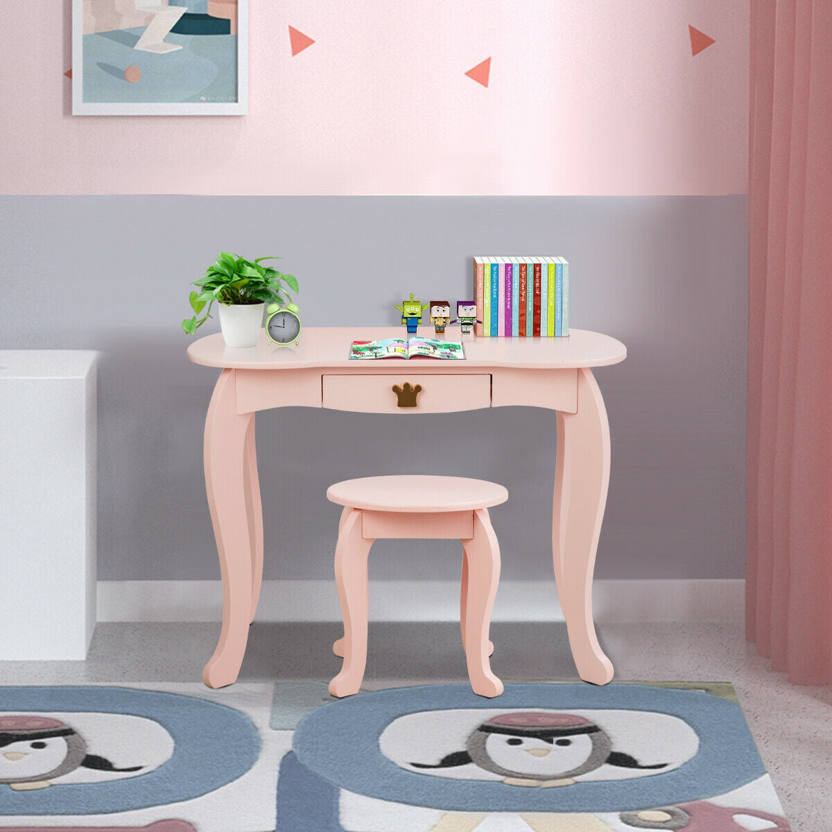 Kids Makeup Dressing Table with Tri-folding Mirror and Stool-Pink