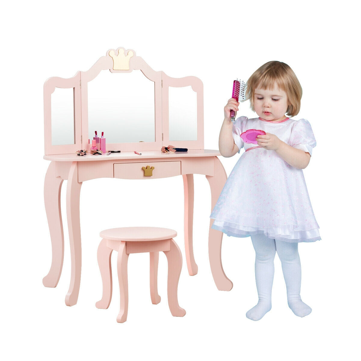 Kids Makeup Dressing Table with Tri-folding Mirror and Stool-Pink