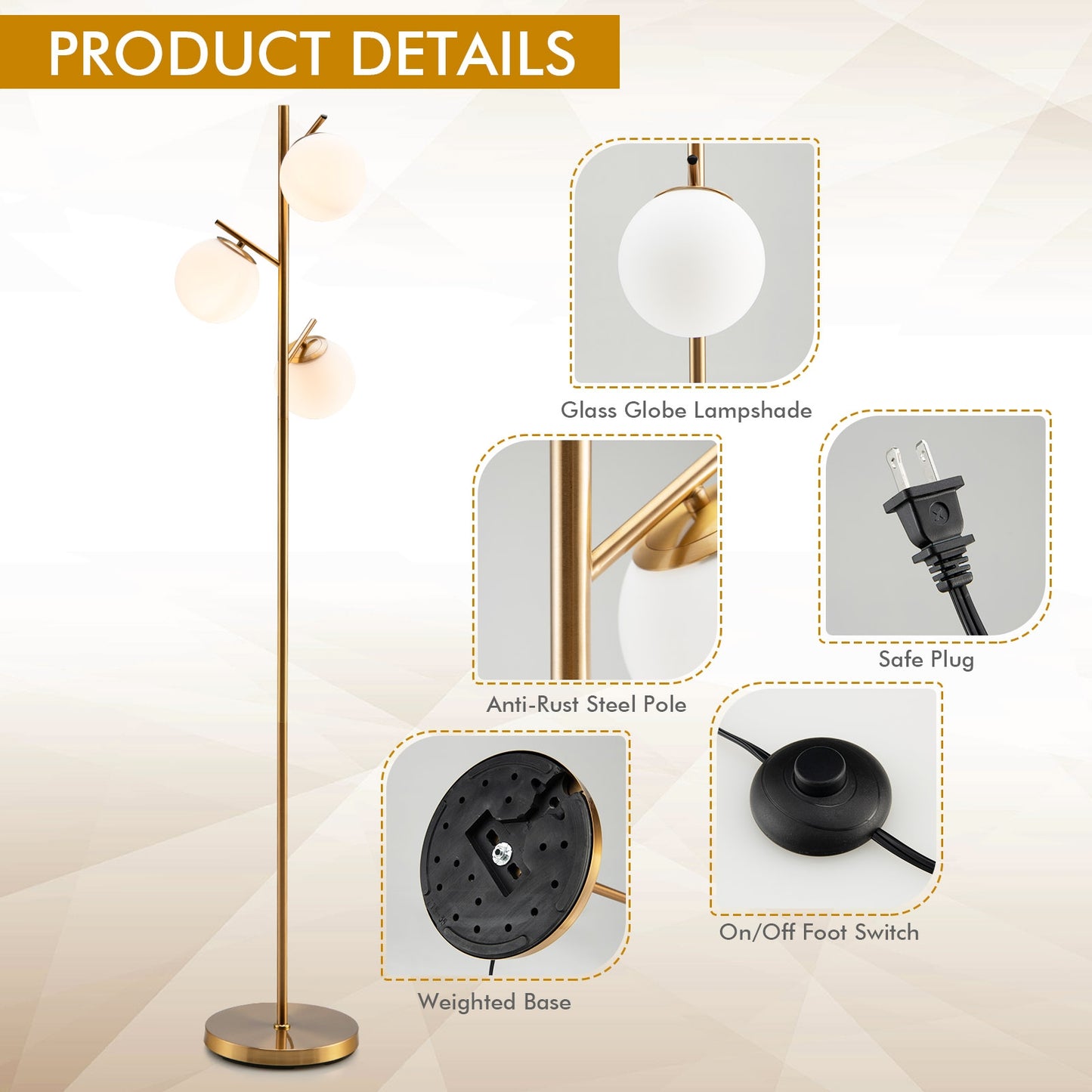 3-Globe Floor Lamp with Foot Switch and Bulb Bases-Golden