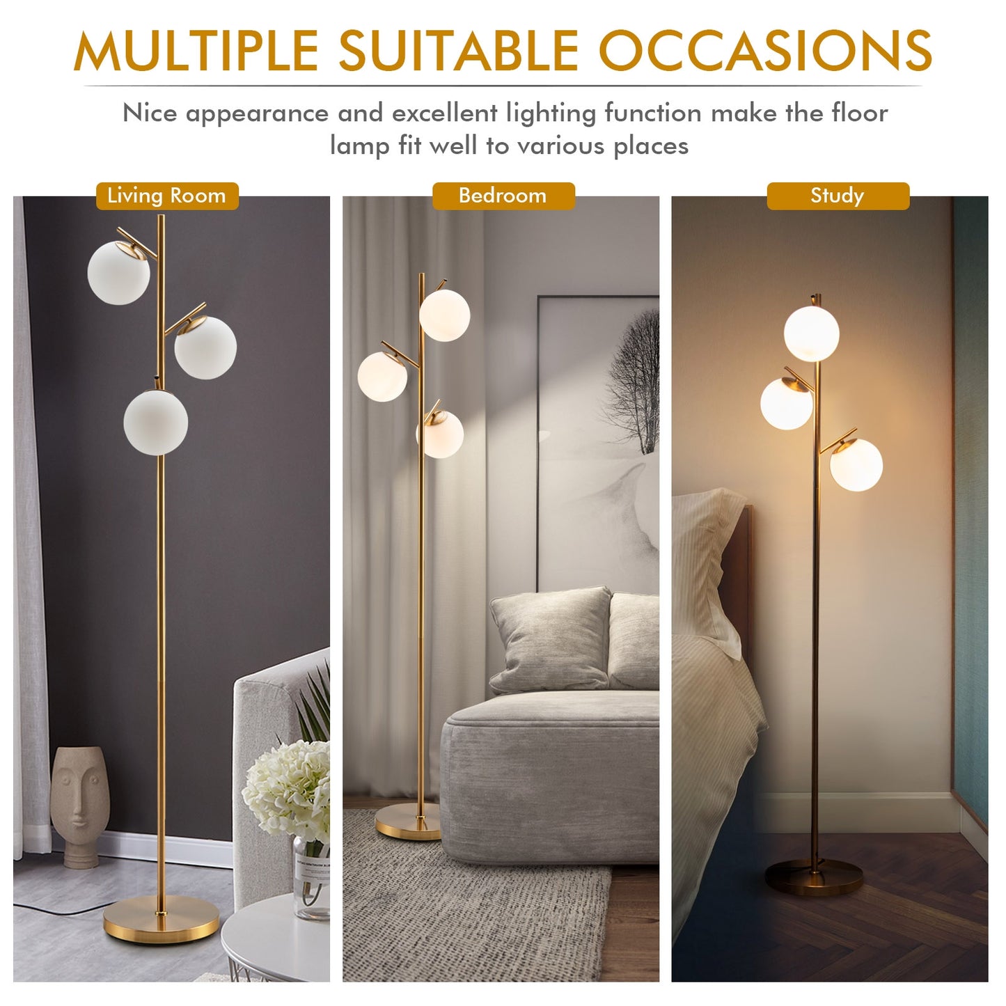 3-Globe Floor Lamp with Foot Switch and Bulb Bases-Golden