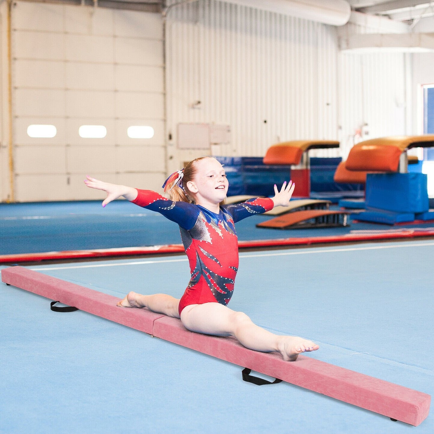 7 Feet Folding Portable Floor Balance Beam with Handles for Gymnasts-Blue