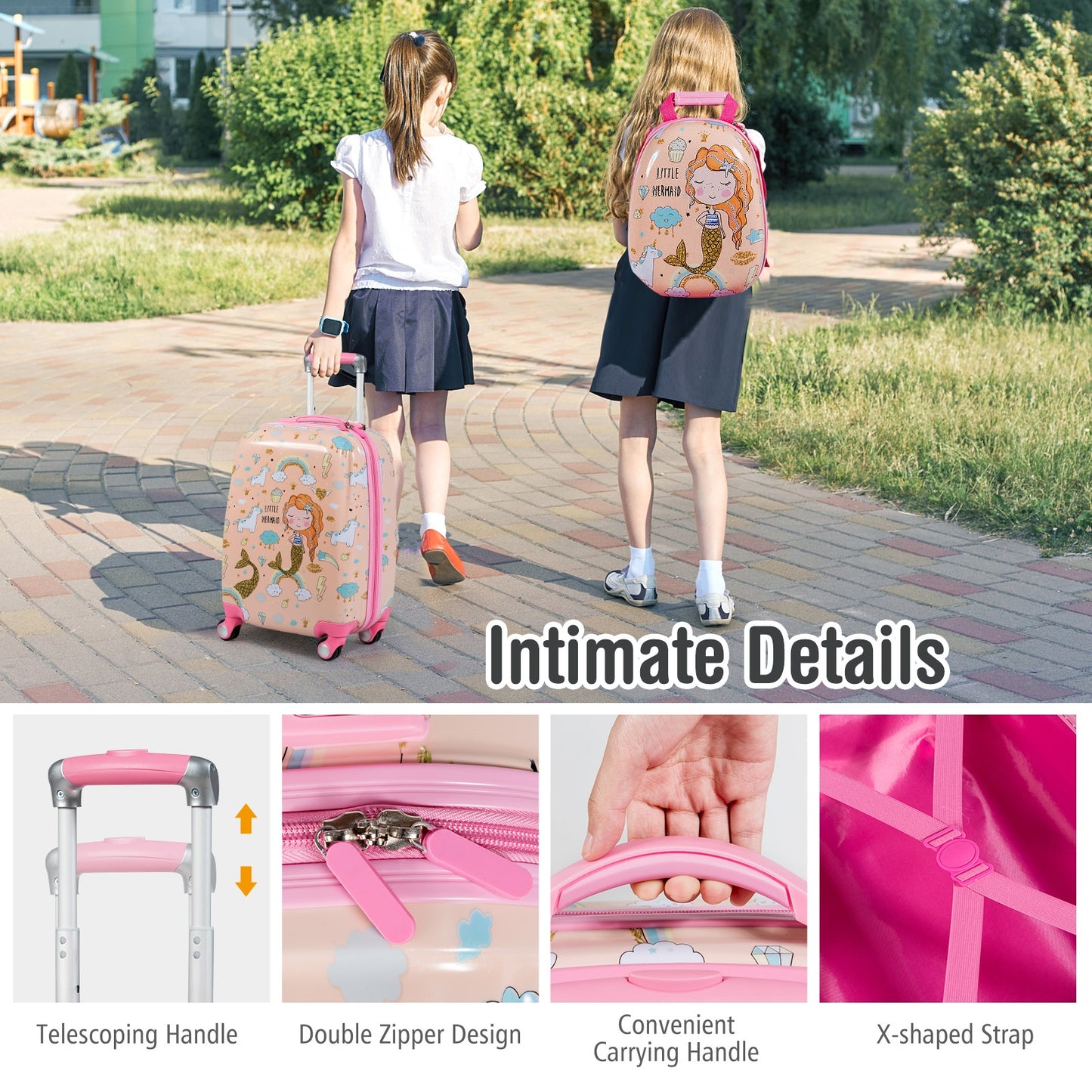 2 Pieces Kids Luggage Set Rolling Suitcase and Backpack-Pink