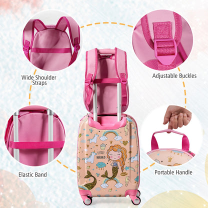 2 Pieces Kids Luggage Set Rolling Suitcase and Backpack-Pink