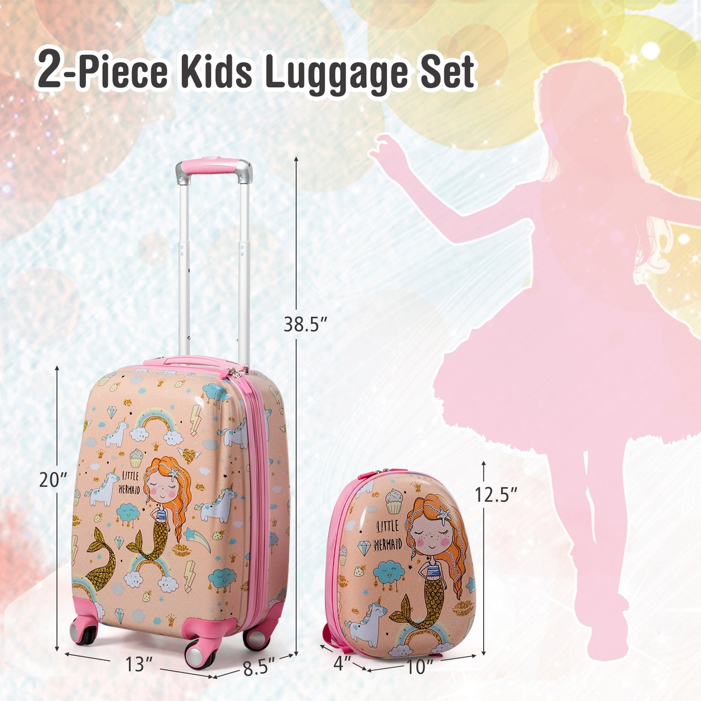 2 Pieces Kids Luggage Set Rolling Suitcase and Backpack-Pink