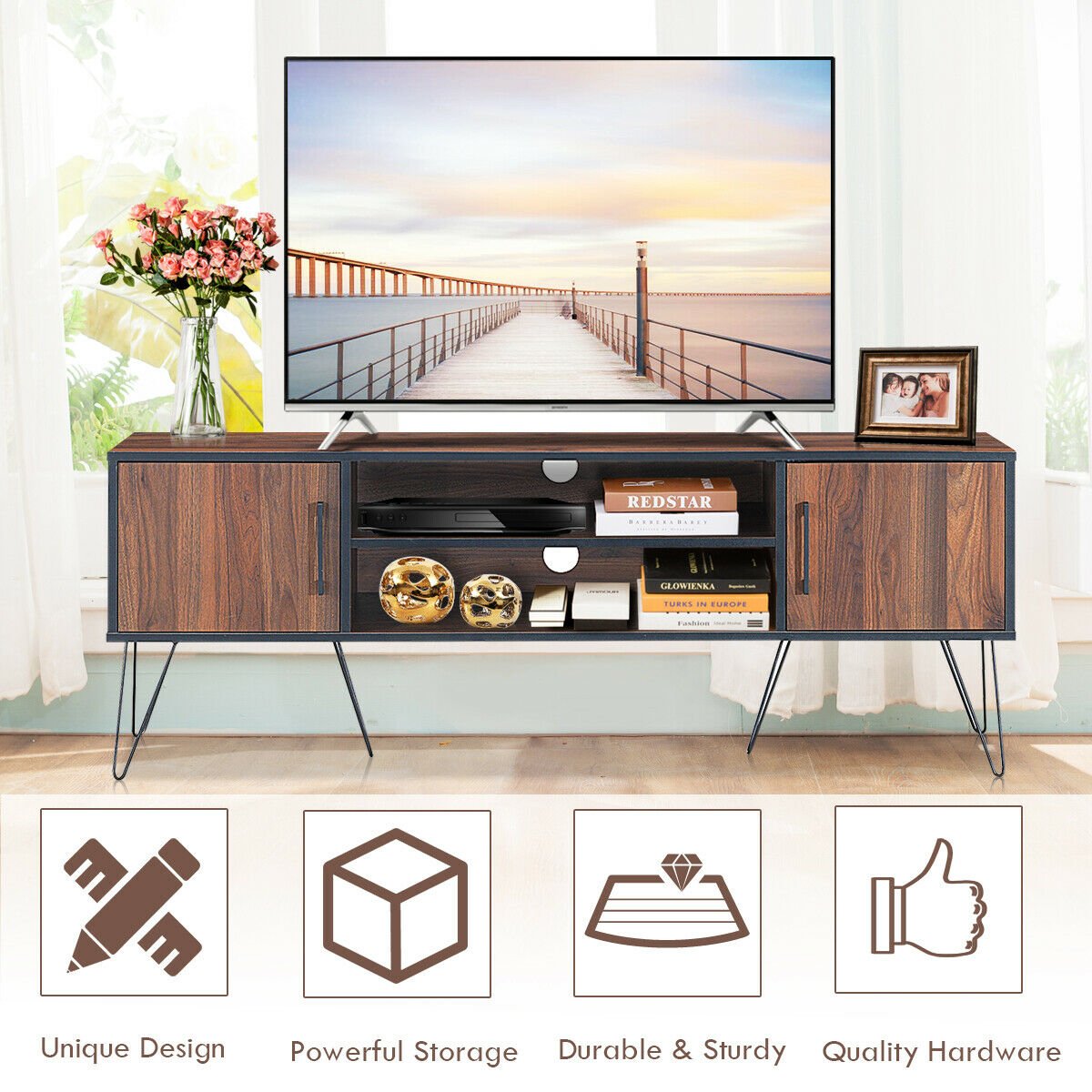 59 Inches Retro Wooden TV Stand for TVs up to 65 Inches-Brown