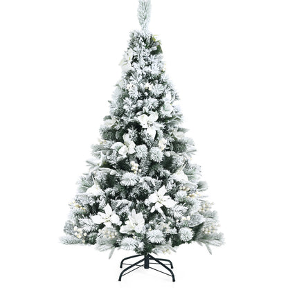 Snow Flocked Christmas Pencil Tree with Berries and Poinsettia Flowers- 8 ft