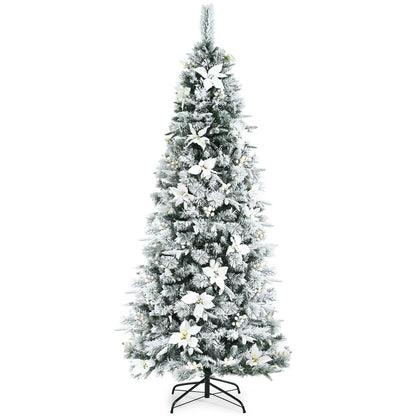 Snow Flocked Christmas Pencil Tree with Berries and Poinsettia Flowers- 8 ft