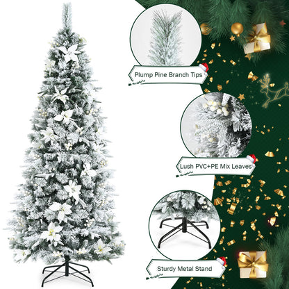 Snow Flocked Christmas Pencil Tree with Berries and Poinsettia Flowers- 8 ft
