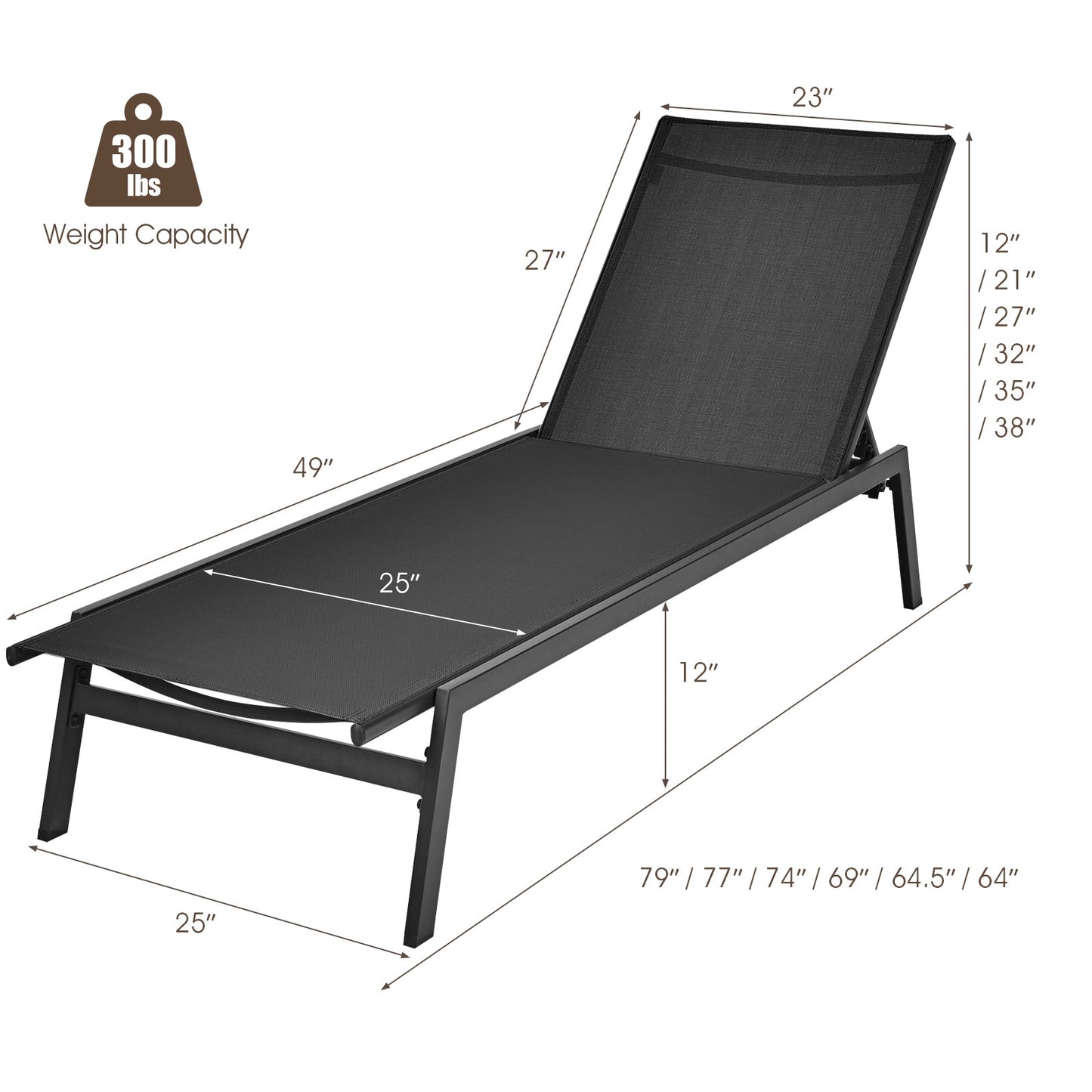 Outdoor Reclining Chaise Lounge Chair with 6-Position Adjustable Back-Black