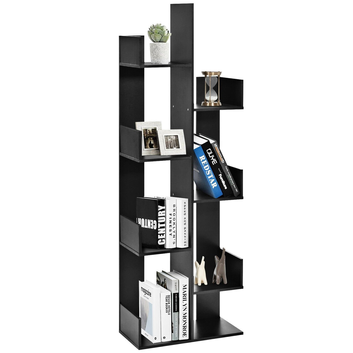 8-Tier Bookshelf Bookcase Space-Saving Storage Rack with 8 Open Compartments-Black
