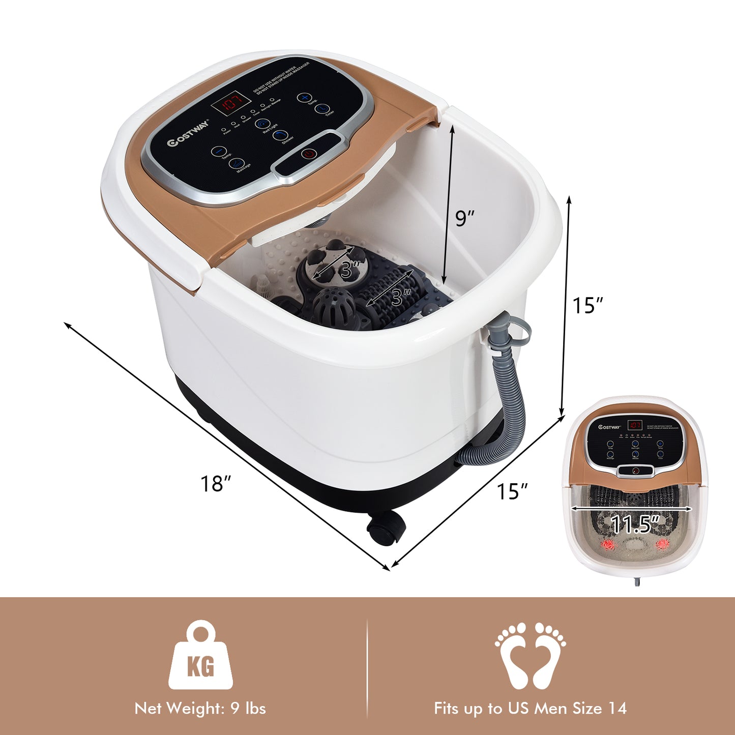 Portable All-In-One Heated Foot Bubble Spa Bath Motorized Massager-Coffee