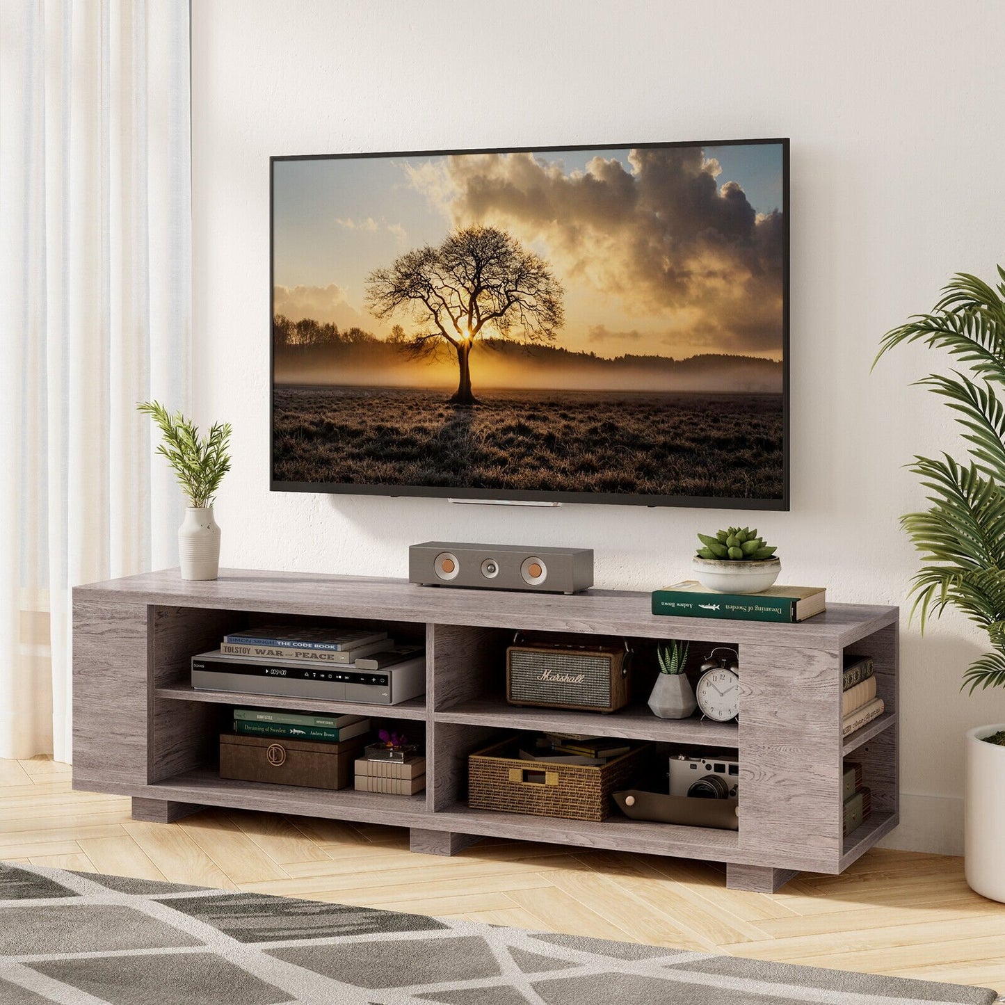 59 Inch Console Storage Entertainment Media Wood TV Stand-Black