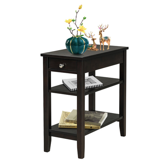 Side End Table with Drawer and 2-Tier Open Storage Shelves for Space Saving-Brown
