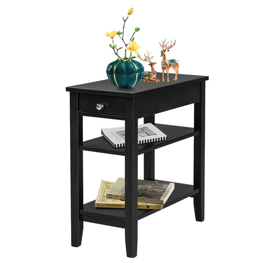 Side End Table with Drawer and 2-Tier Open Storage Shelves for Space Saving-Black