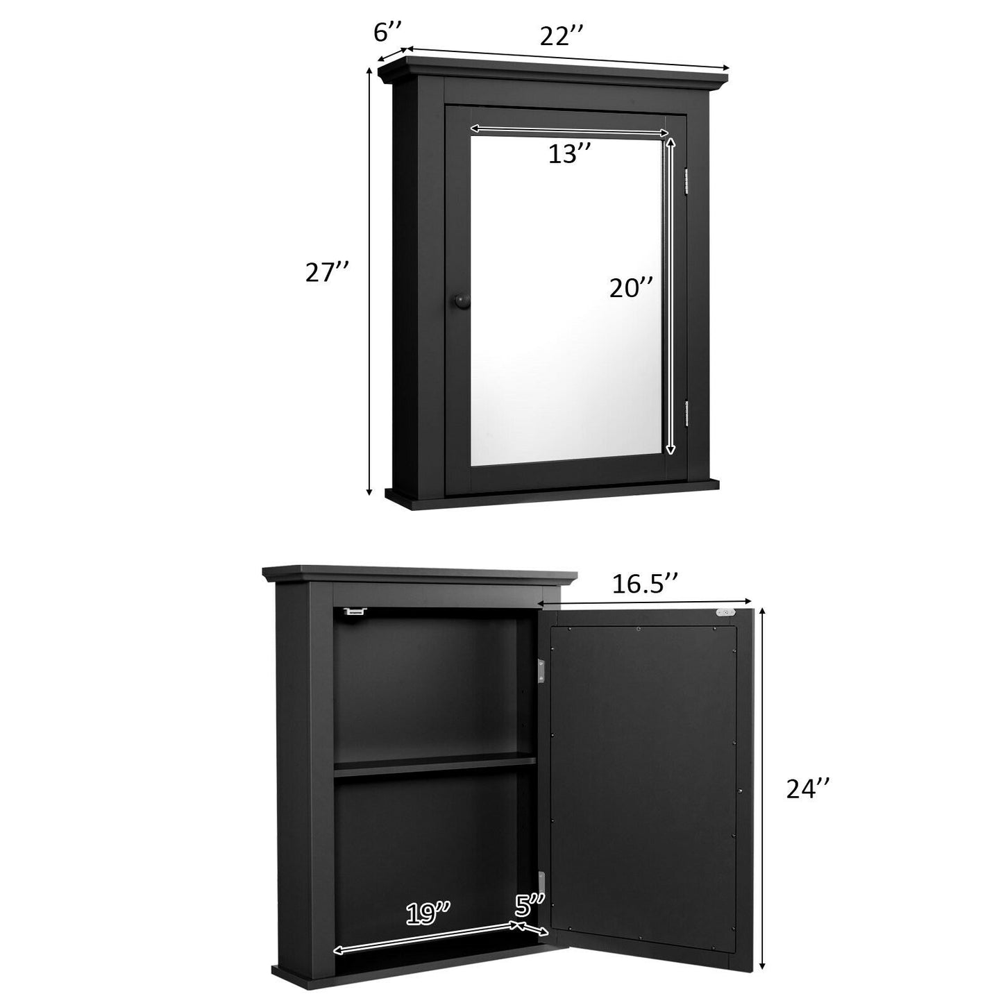 Wall Mounted Bathroom Mirror Cabinet with 5-level Height-adjustable Shelf-Black