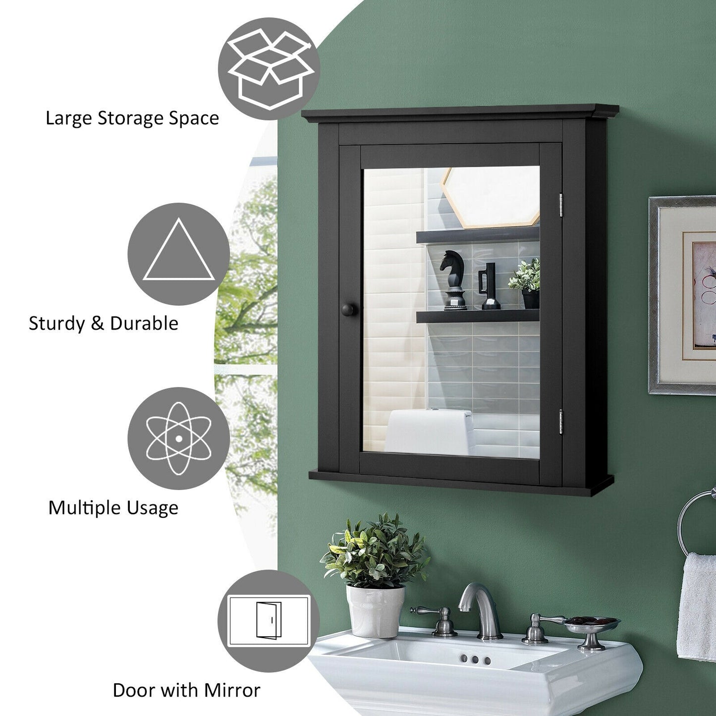 Wall Mounted Bathroom Mirror Cabinet with 5-level Height-adjustable Shelf-Black