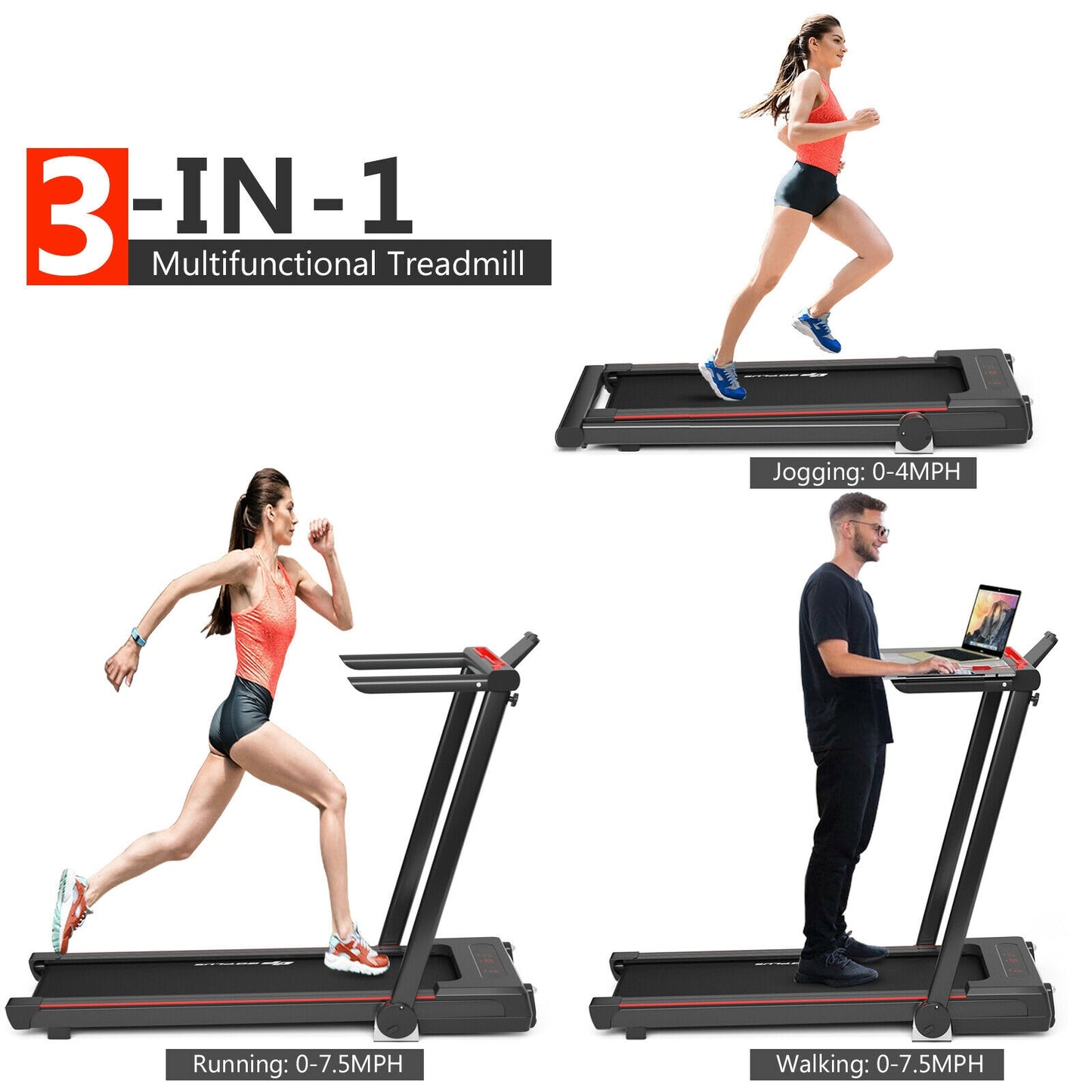 3-in-1 Folding Treadmill with Large Desk and LCD Display-Black