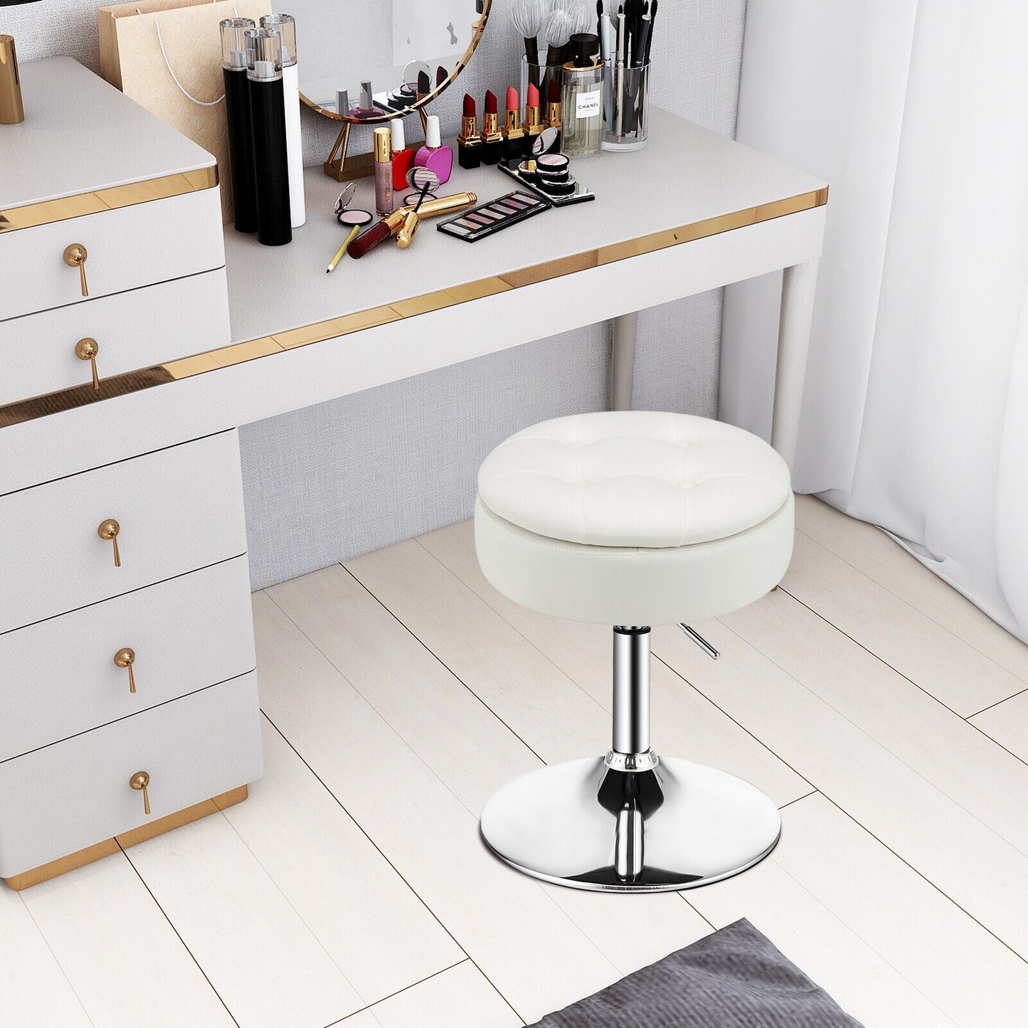 Adjustable 360° Swivel Storage Vanity Stool with Removable Tray-Black