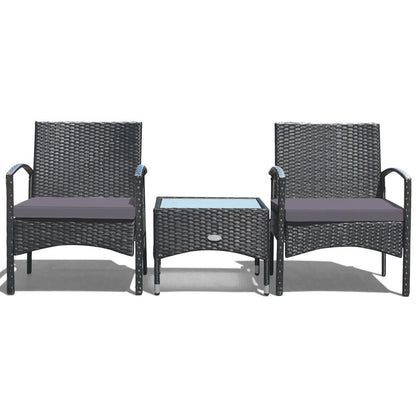 3 Pieces Patio Wicker Rattan Furniture Set with Cushion for Lawn Backyard-Gray
