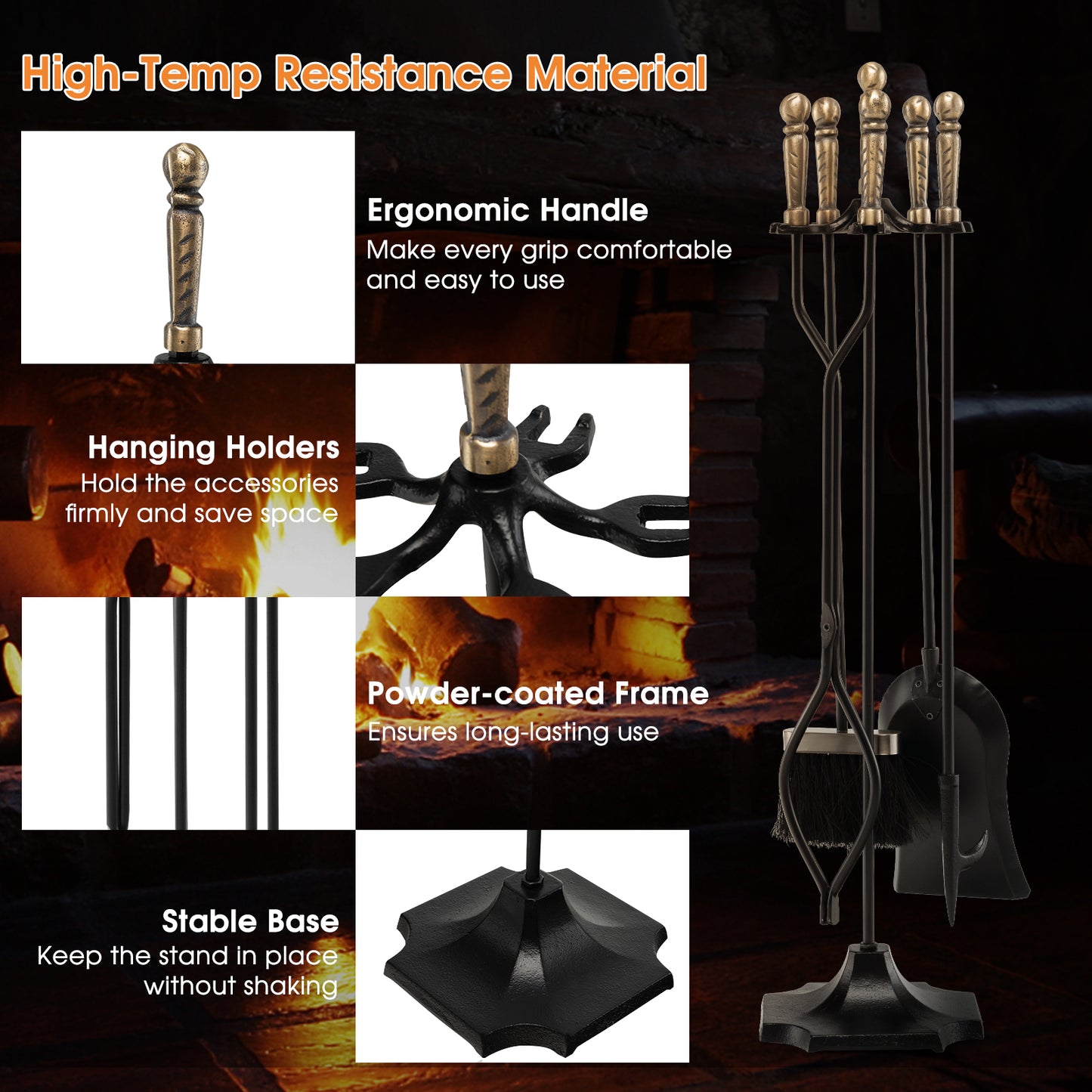 31 inch 5 Pieces Metal Fireplace Tool Set with Stand-Bronze