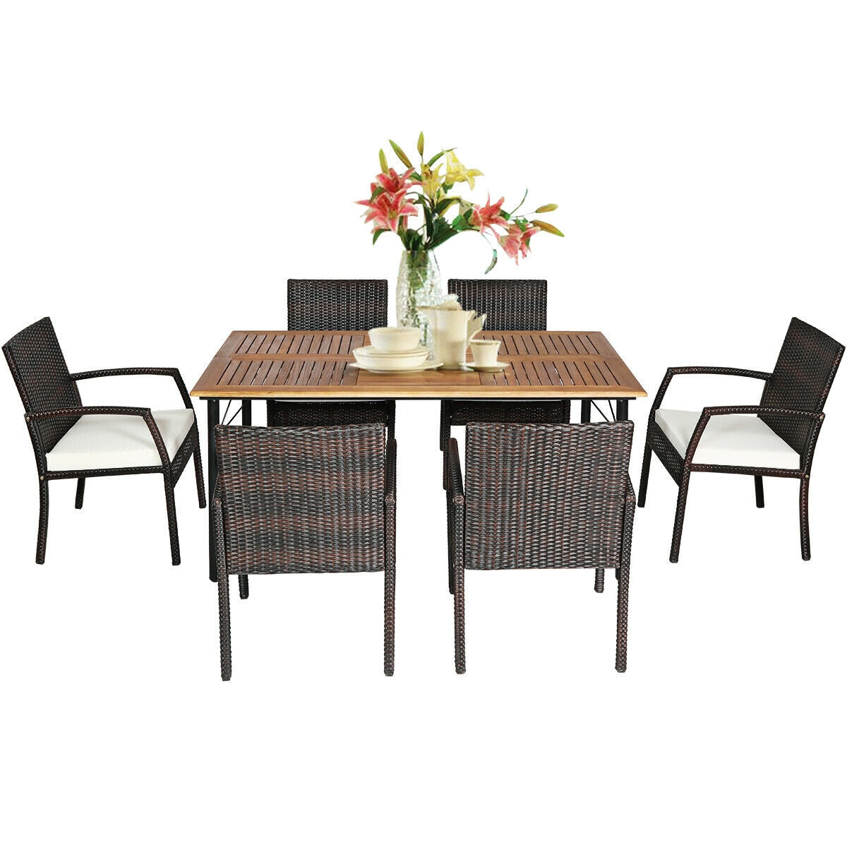 7Pcs Patio Rattan Cushioned Dining Set with Umbrella Hole-Warm White