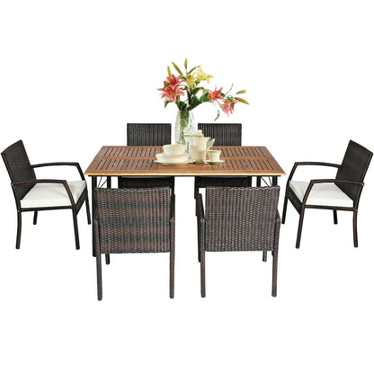 7Pcs Patio Rattan Cushioned Dining Set with Umbrella Hole-Warm White