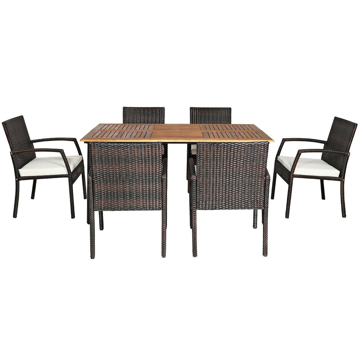 7Pcs Patio Rattan Cushioned Dining Set with Umbrella Hole-Warm White
