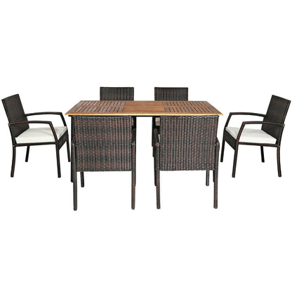 7Pcs Patio Rattan Cushioned Dining Set with Umbrella Hole-Warm White