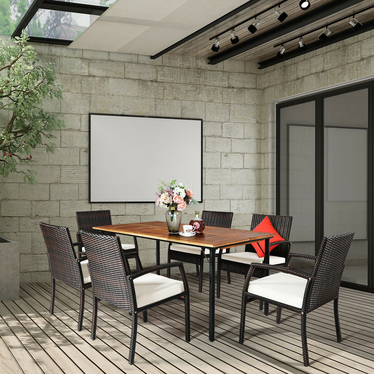 7Pcs Patio Rattan Cushioned Dining Set with Umbrella Hole-Warm White